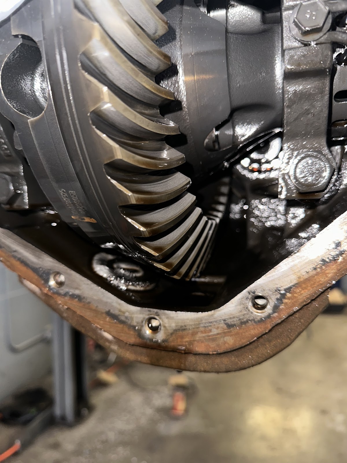 Close view inside a rear differential with fresh oil on the ring gear teeth